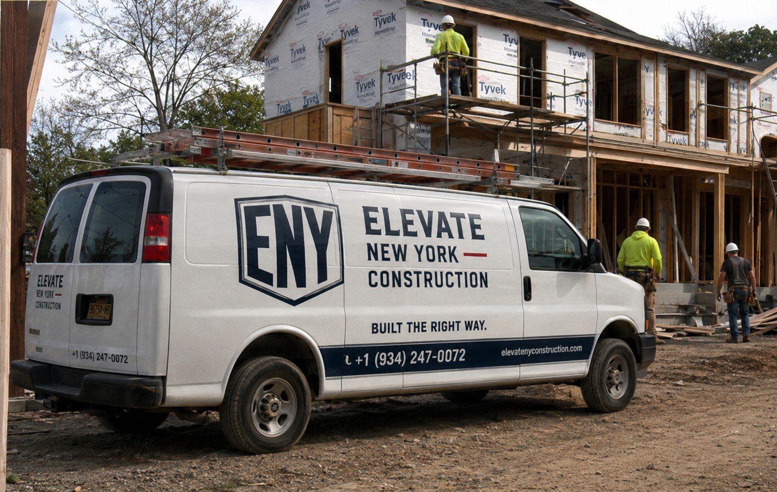 Elevate New York Construction branded van displaying +1 (934) 247-0072 at an active building site